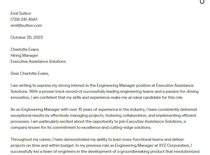 engineering manager cover letter