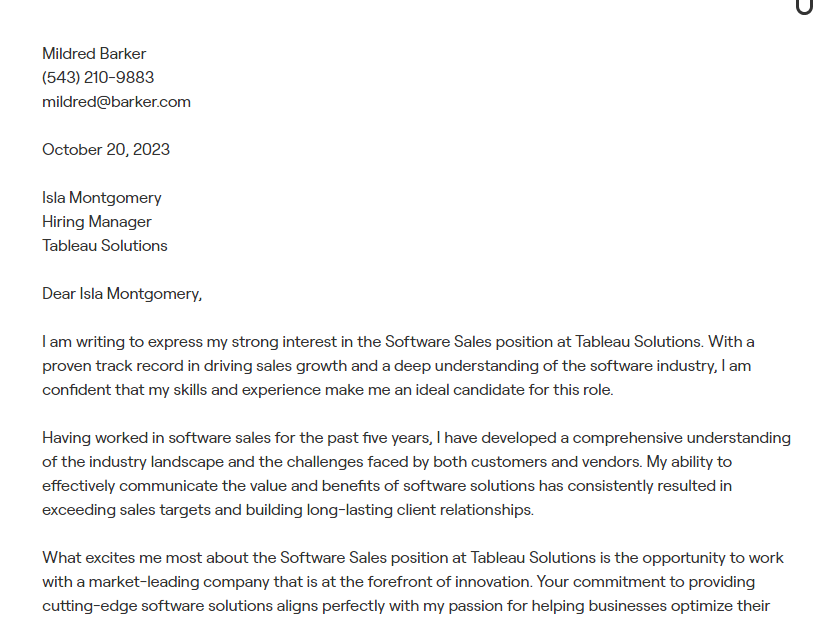 software sales cover letter