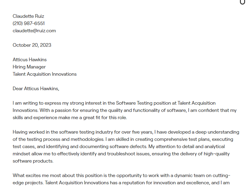 software testing cover letter