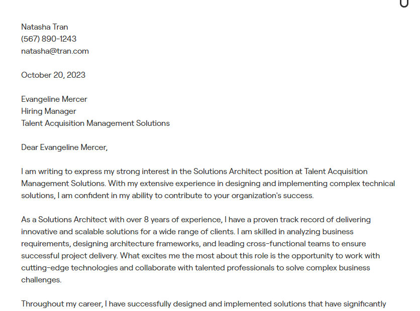 solutions architect cover letter