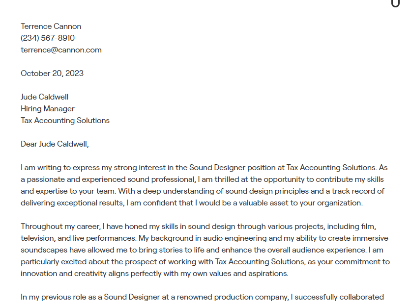 sound designer cover letter