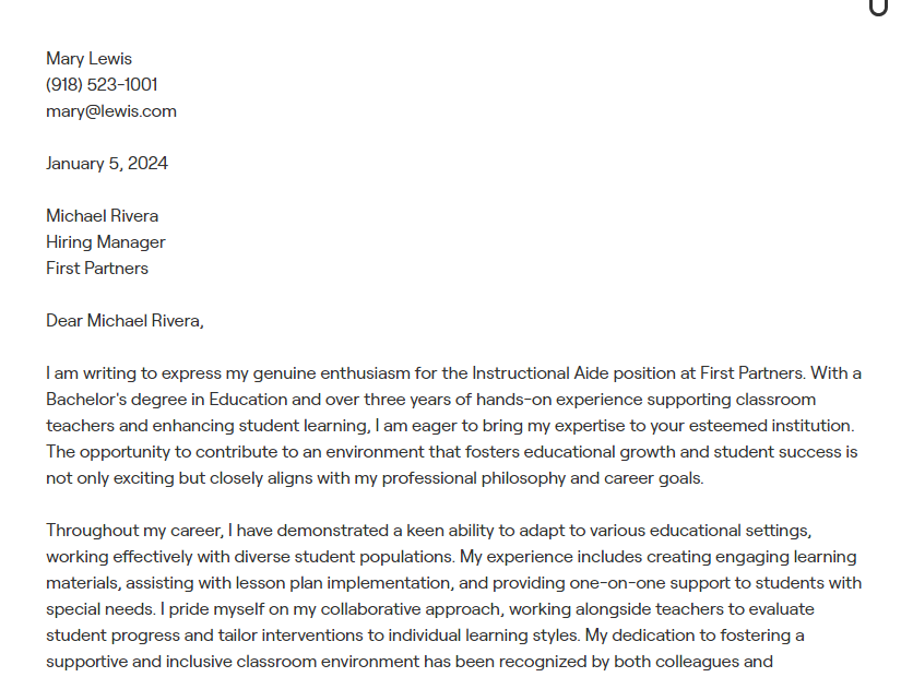 instructional aide cover letter