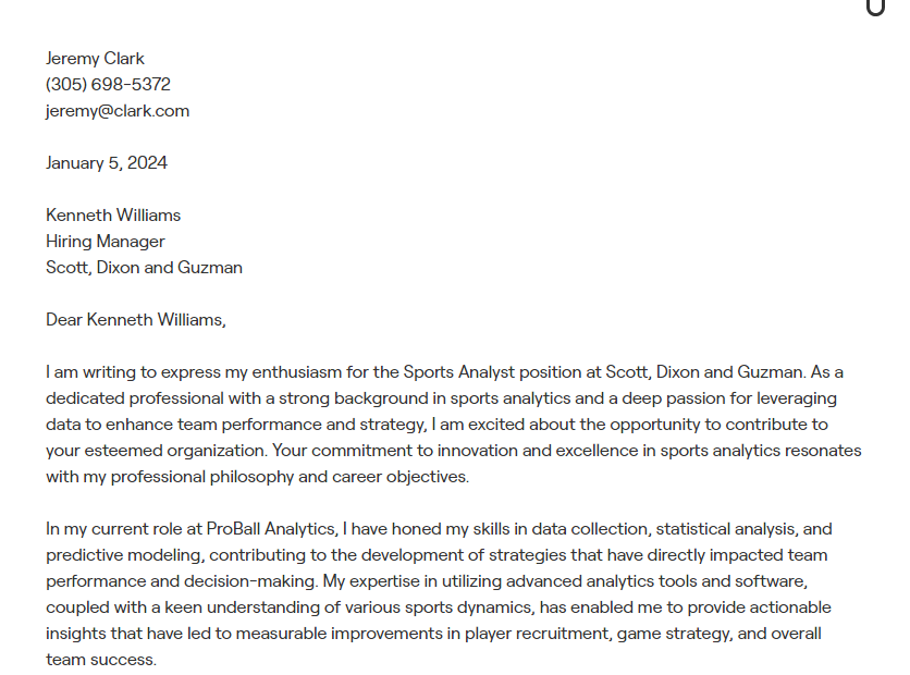 sports analyst cover letter