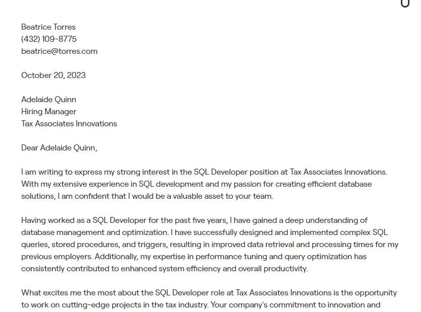 sql developer cover letter