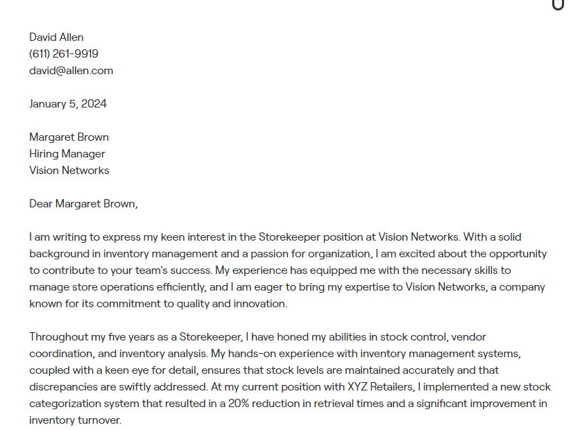 storekeeper cover letter