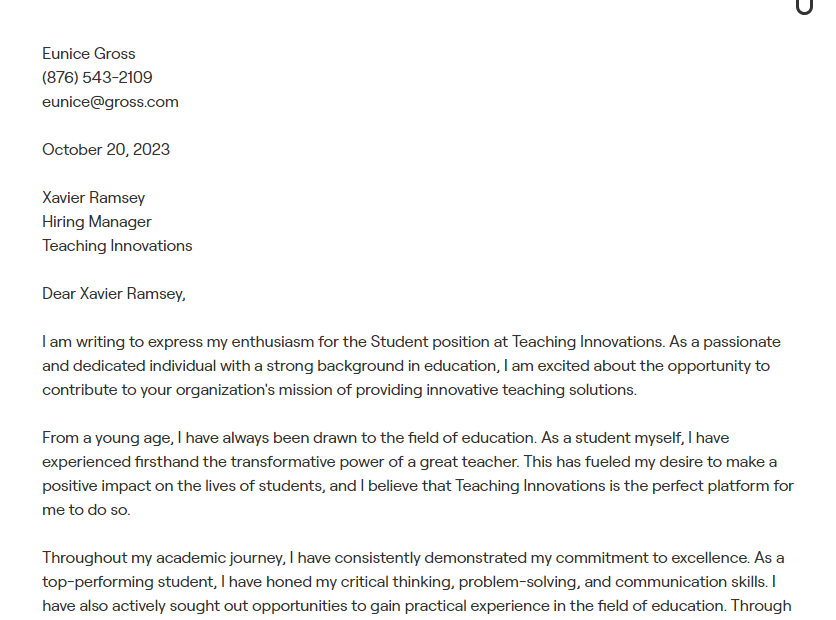 student cover letter