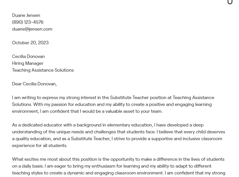 substitute teacher cover letter