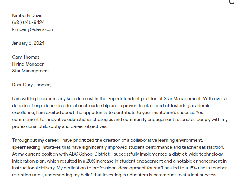 superintendent cover letter