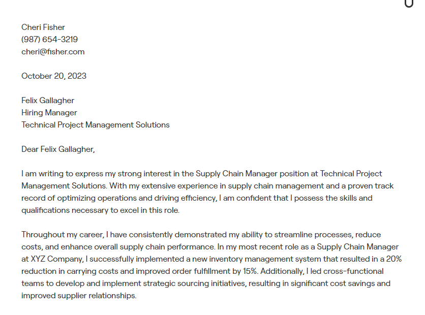 supply chain manager cover letter