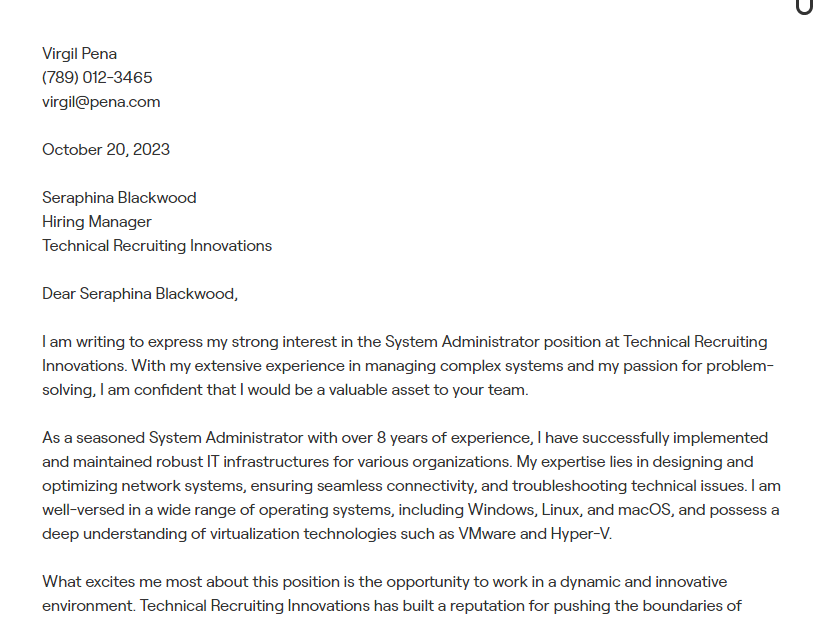 system administrator cover letter
