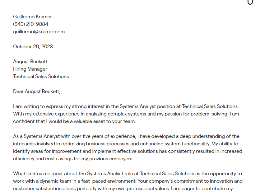 systems analyst cover letter