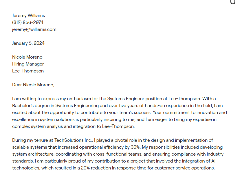 systems engineer cover letter