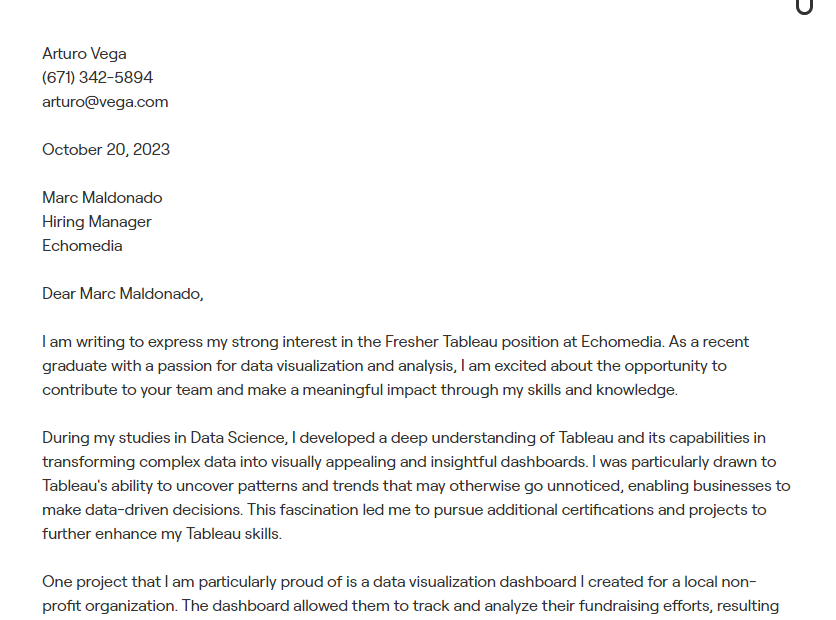 tableau cover letter