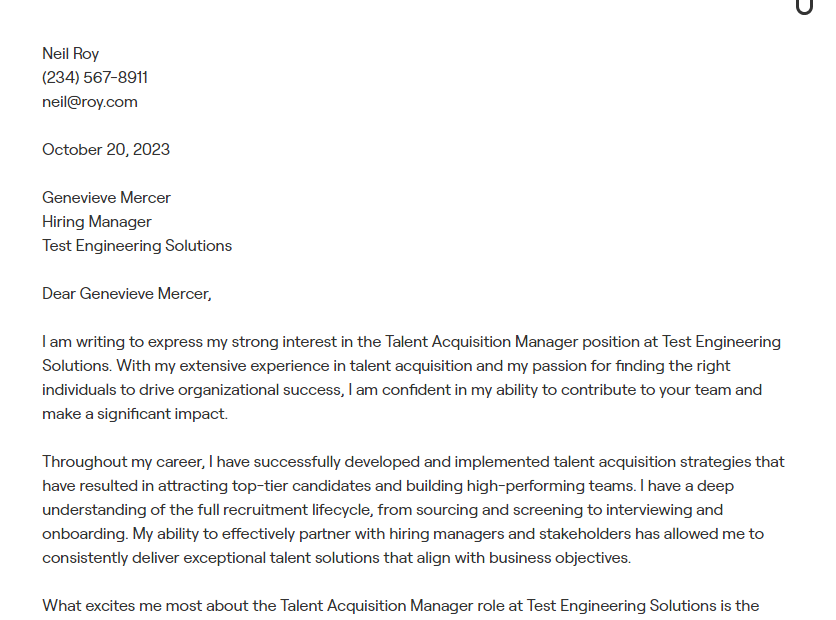 talent acquisition manager cover letter