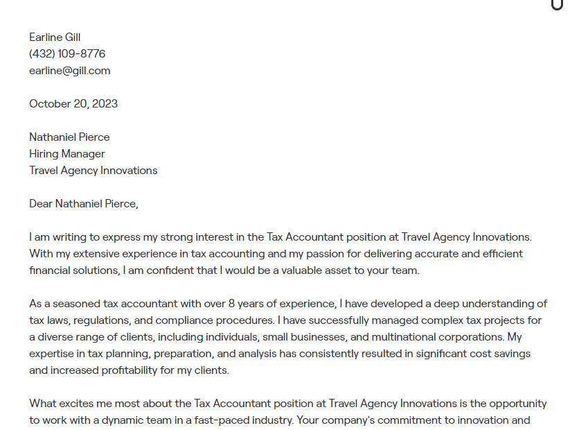 tax accountant cover letter