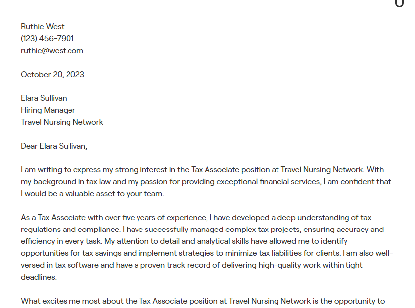 tax associate cover letter