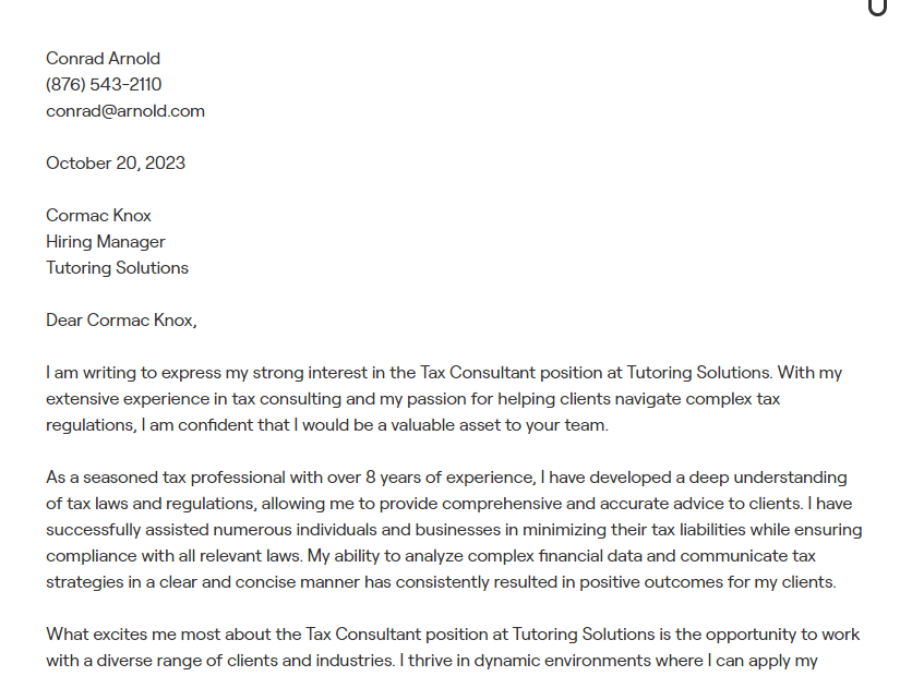 tax consultant cover letter