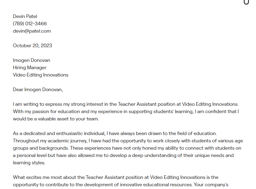 teacher assistant cover letter