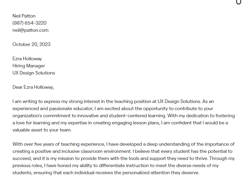 teacher cover letter