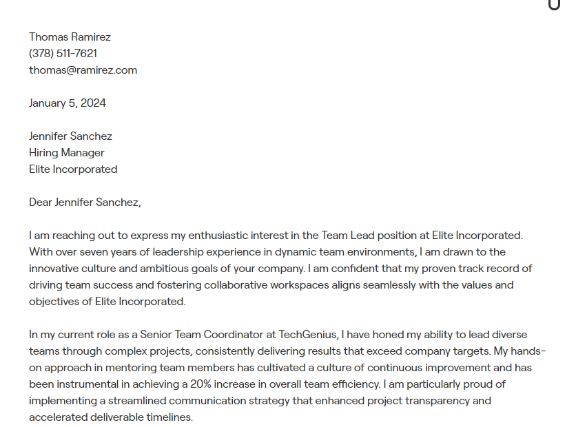team lead cover letter