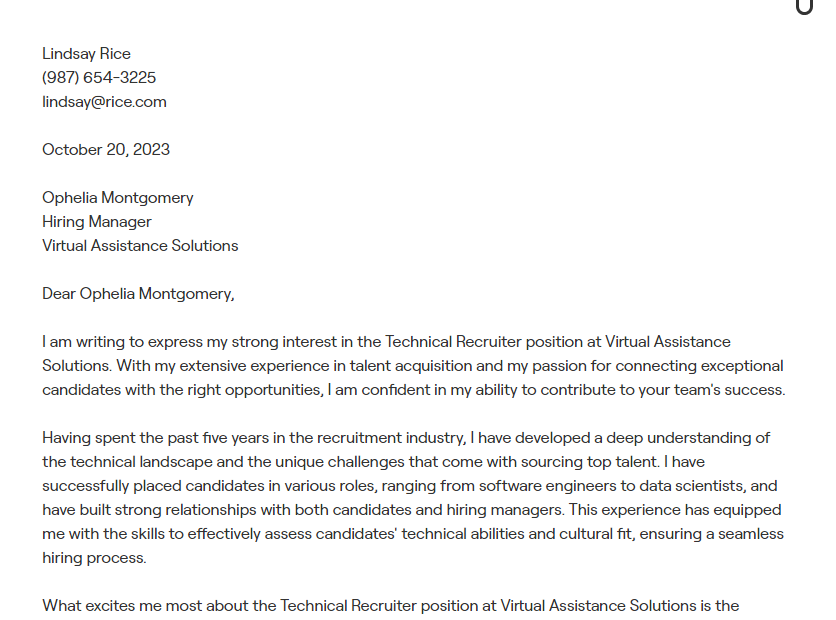 technical recruiter cover letter