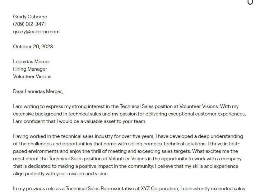 technical sales cover letter