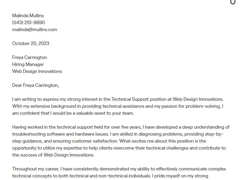technical support cover letter