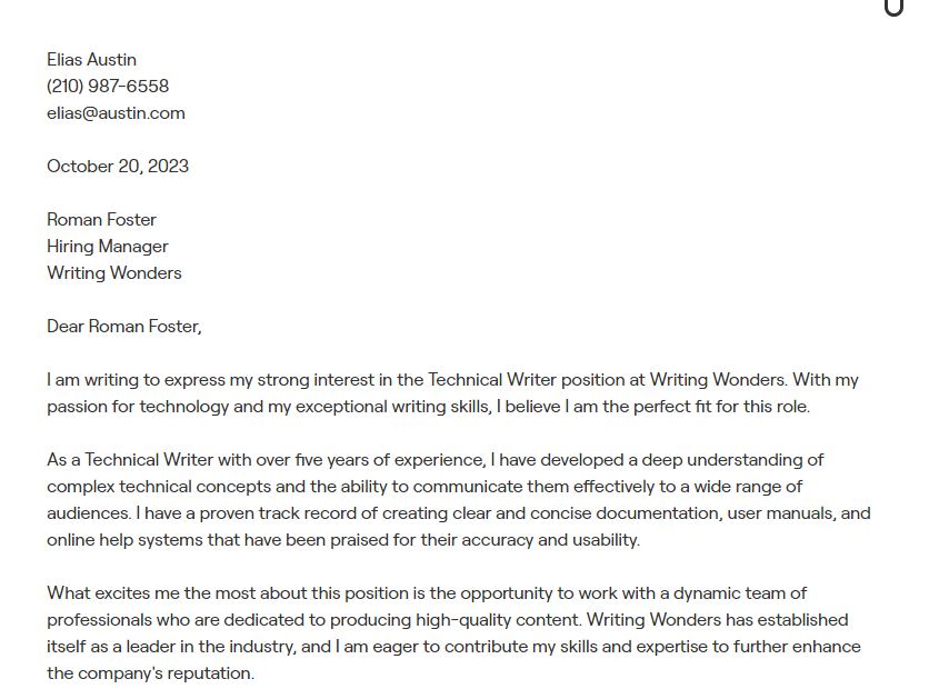technical writer cover letter