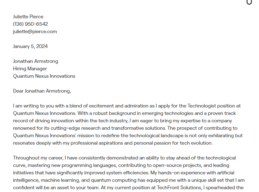 technologist cover letter
