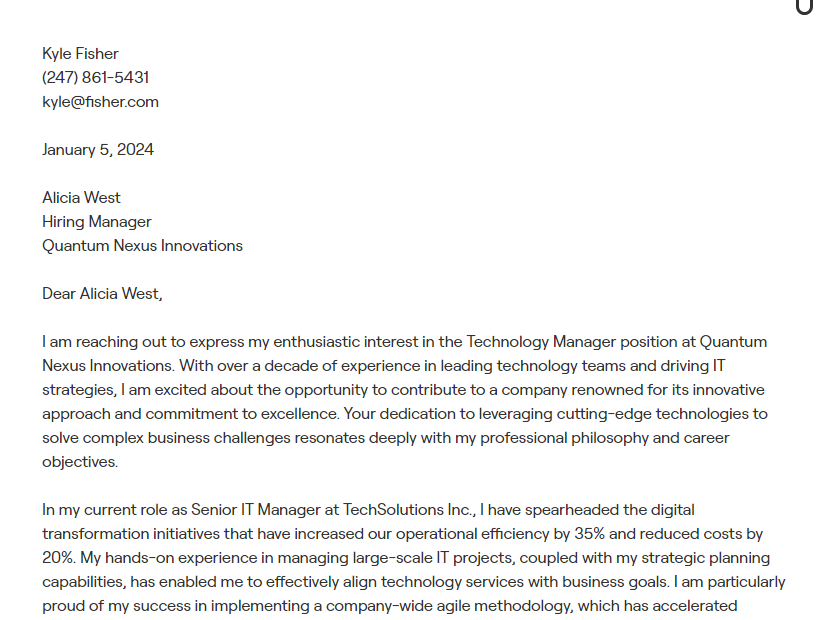 technology manager cover letter