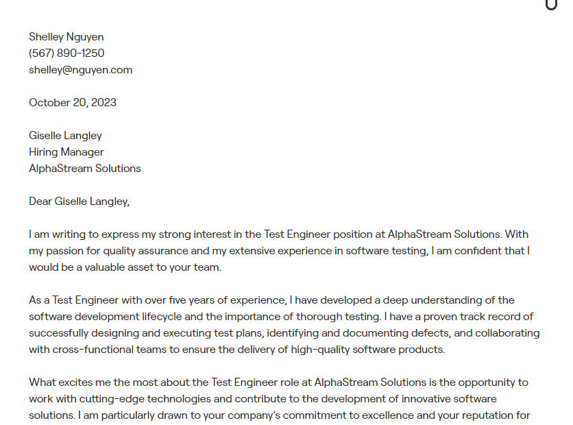 test engineer cover letter