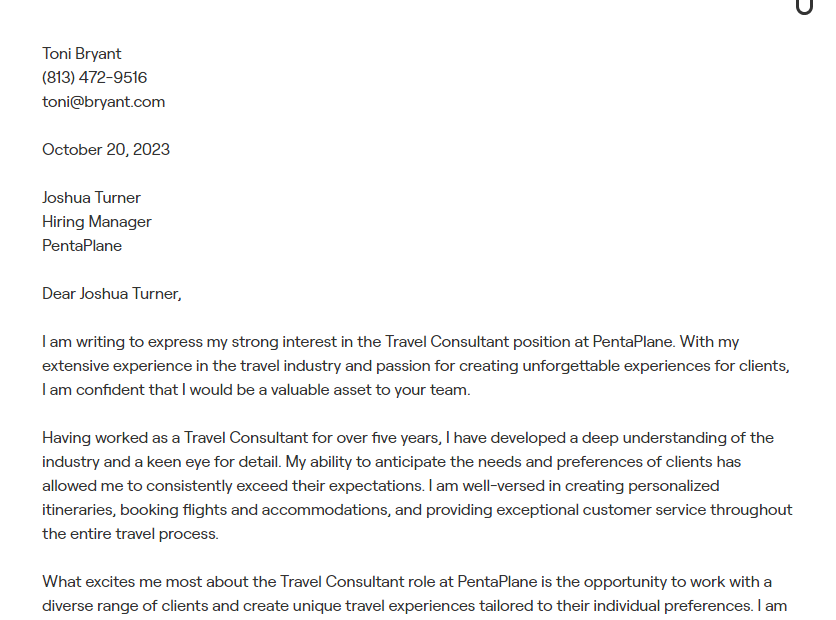 travel agent cover letter