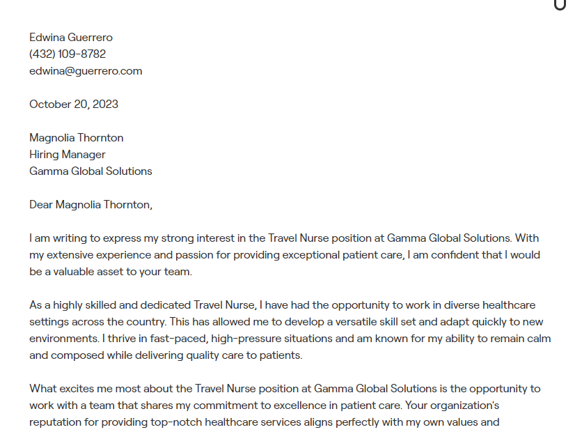 travel nurse cover letter