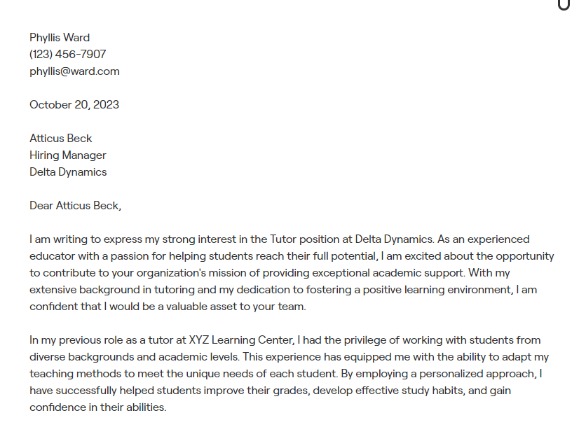 tutor cover letter