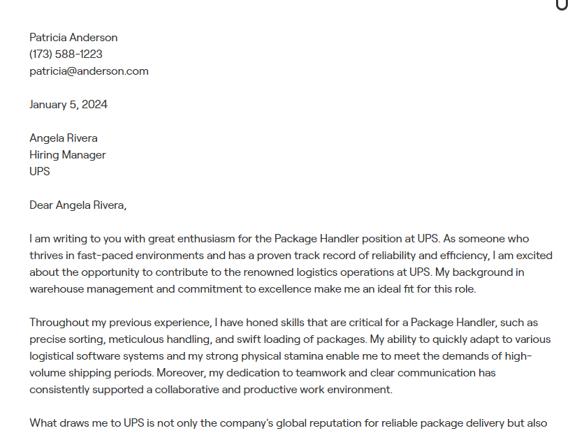 ups package handler cover letter