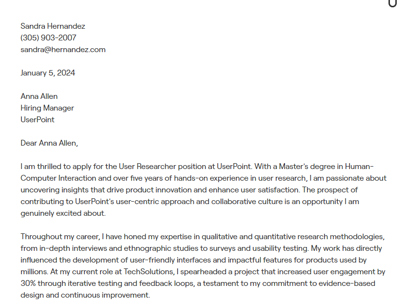 ux researcher cover letter