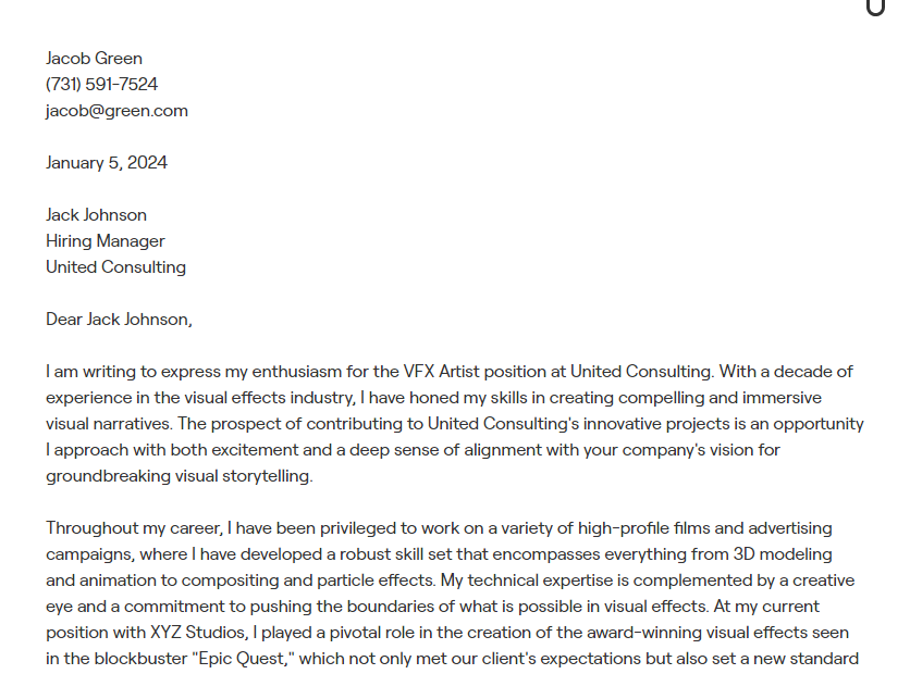 vfx artist cover letter