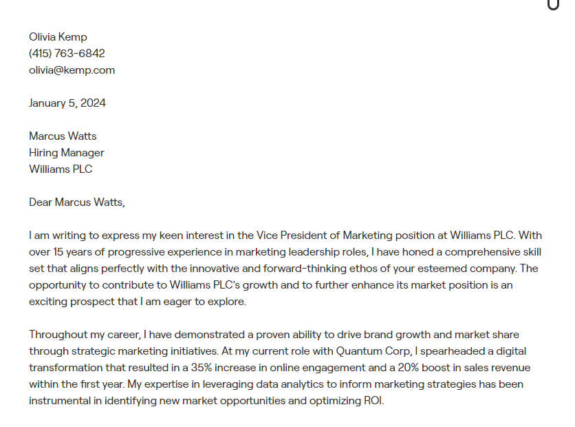 vice president of marketing cover letter