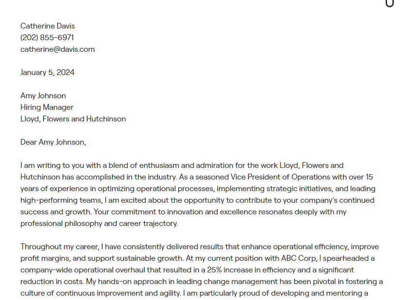vice president of operations cover letter