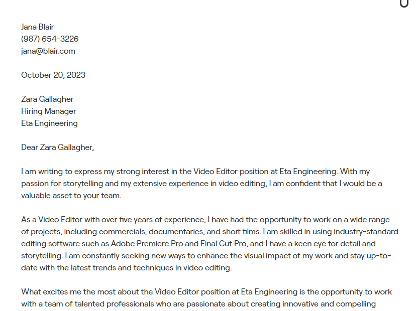 video editor cover letter