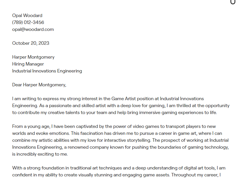 game artist cover letter