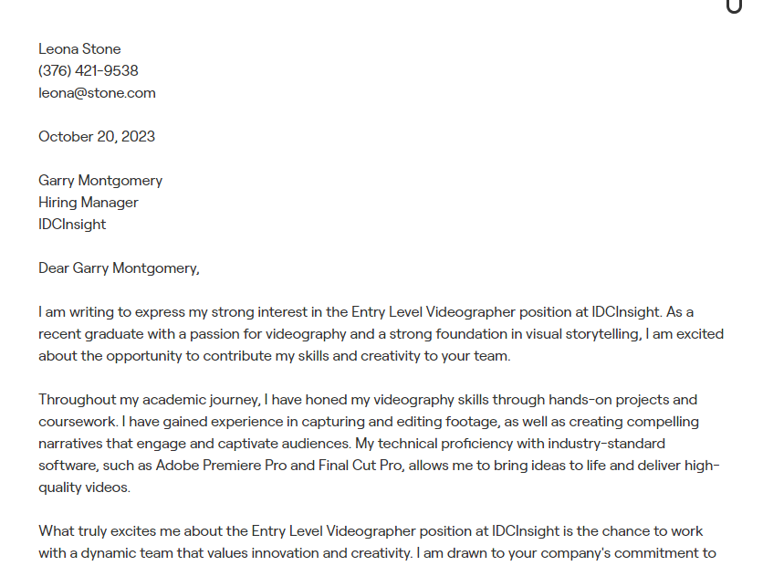 videographer cover letter