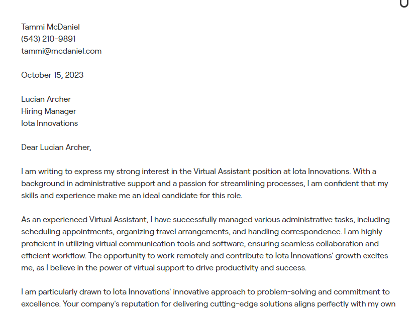 virtual assistant cover letter
