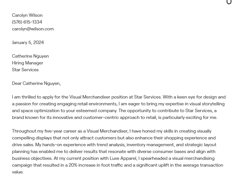 visual merchandiser cover letter