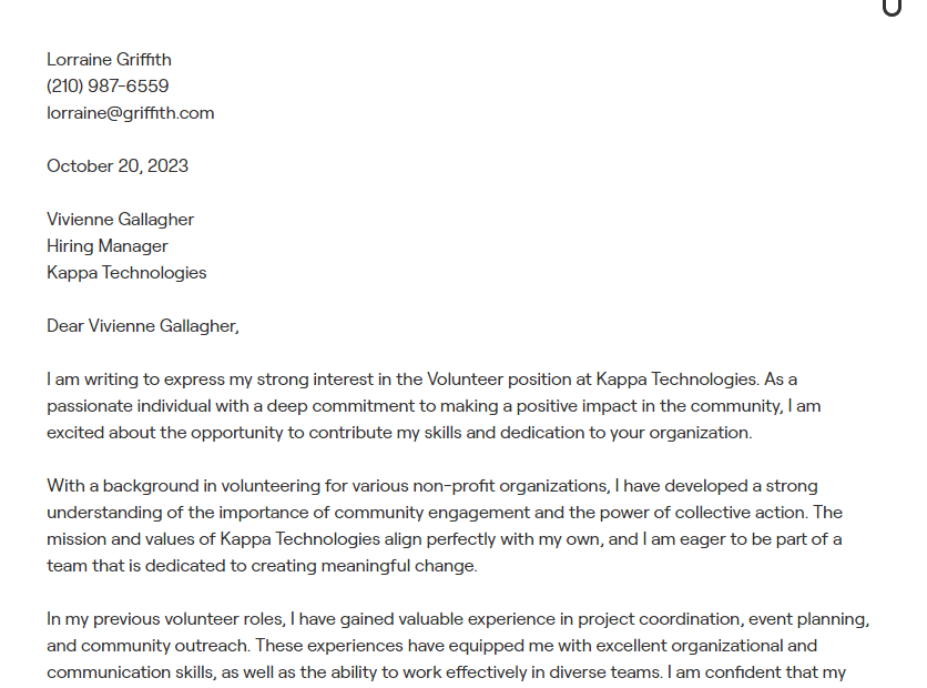 volunteer cover letter