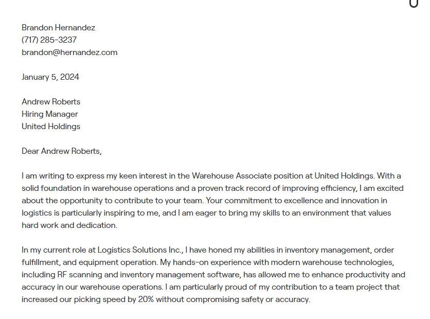 warehouse associate cover letter