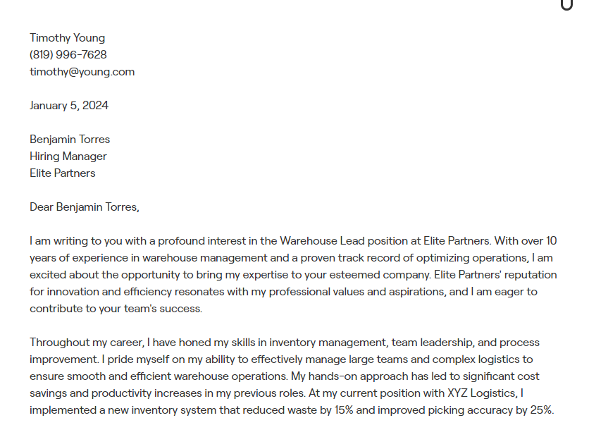 warehouse lead cover letter