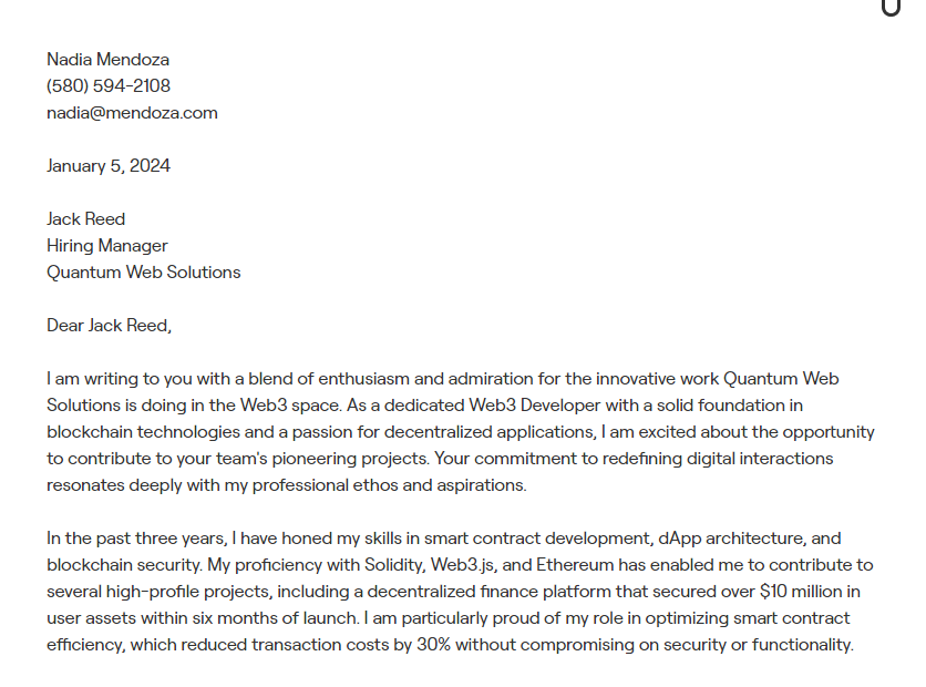 web3 developer cover letter