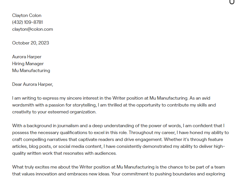 writer cover letter