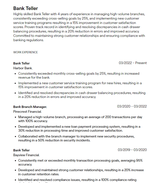 bank teller cv